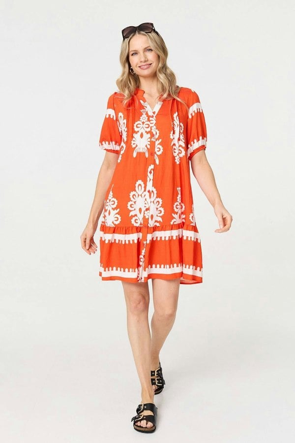 Orange | Printed Lace Trim Relaxed Short Shirt Dress : Model is 5'10"/178 cm and wears UK10/EU38/US6/AUS10