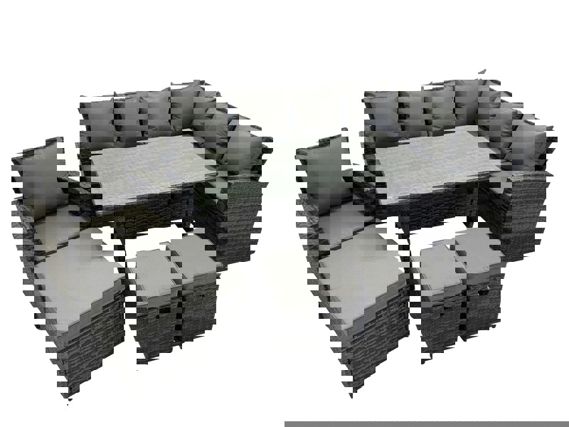 Fimous Rattan Garden Furniture Set Outdoor 10 Seater Patio Dining Corner Sofa Sets with Dining Table Chair Dark Grey Mixed