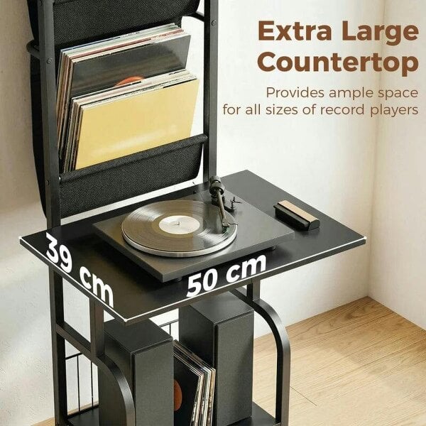 Bobobiy Vinyl Record Player Stand Record Storage with Player Stand Oxford Fabric Pockets Bottom Shelf, Black