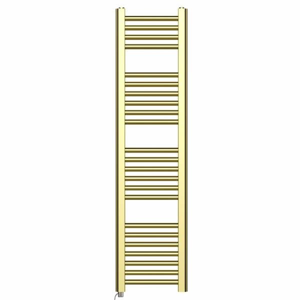 MYHOMEWARE 400 x 1200 mm Shiny Gold Electric Bathroom Towel Rail Radiator With Manual Electric Element Pre-Filled Standard Element
