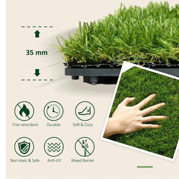 10-Piece Artificial Grass Set, Weatherproof Turf Tiles, 25mm Pile Height, Outdoor Carpet for Garden, Balcony & Patio, 30 x 30cm, Dark Green