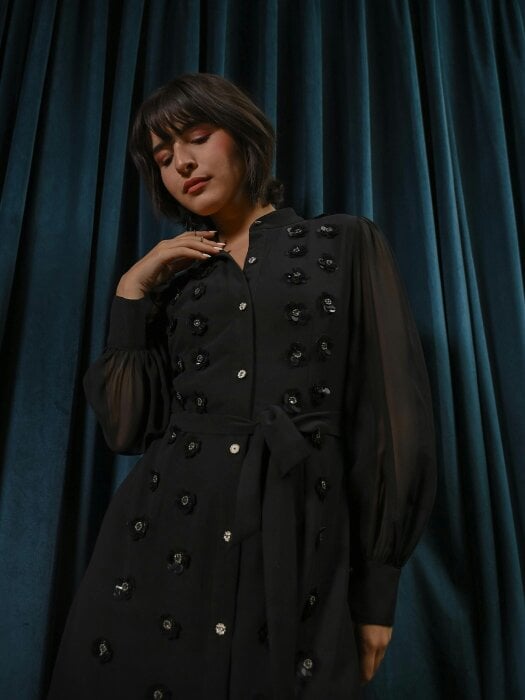 Rose & Nancy Morena Black Hand Embellished Midi Shirt Dress