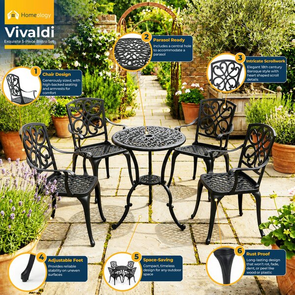 Homeology VIVALDI Black 5-Piece Cast Aluminium Garden Bistro Set- Rust-Proof Round Table with Parasol Hole & 4 Large Armchairs- Baroque Design
