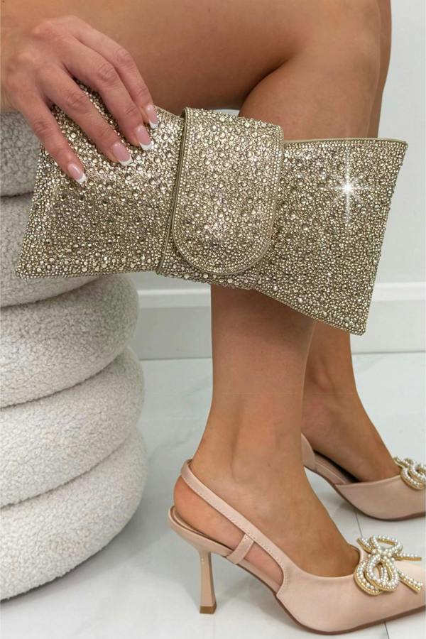 Crystal Luxe Bow Clutch Bag Gold, with emphasis on fully encrusted with glistening crystals