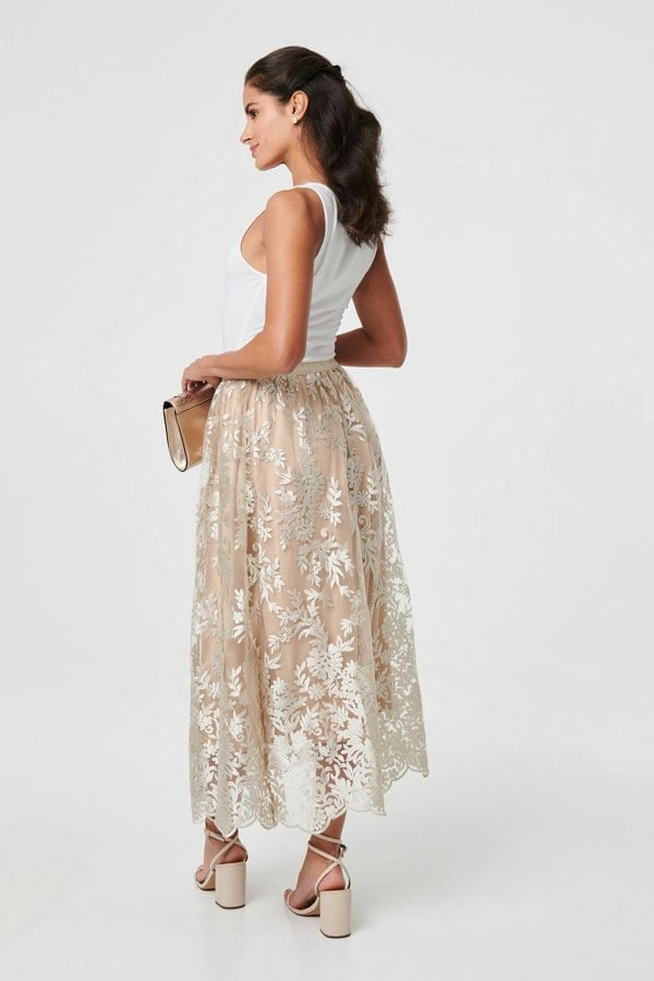 Cream | Floral Embellished High Waist Midi Skirt
