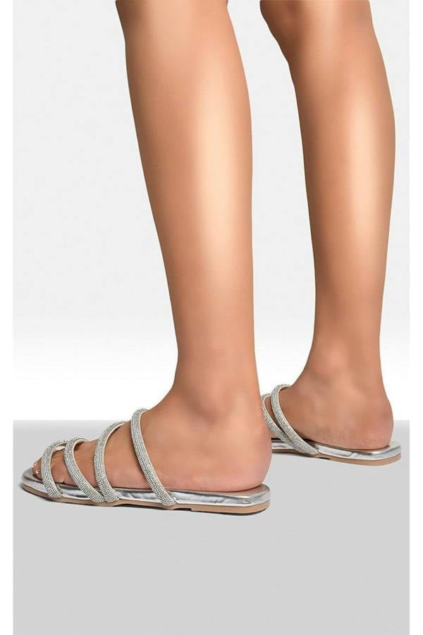 Reya Embellished Asymmetrical Strap Flat Sandals - Silver