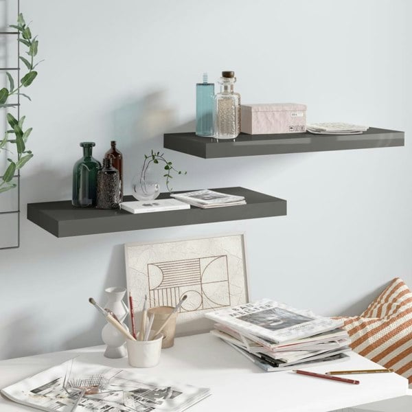 Berkfield Floating Wall Shelves 2 pcs High Gloss Grey 60x23.5x3.8 cm MDF