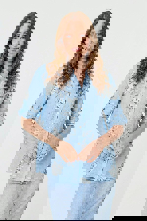 Light Blue | Floral 3/4 Turn-Up Sleeve Blouse