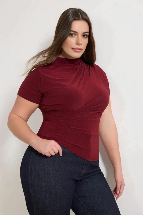WOVCOR High Neck Gathered Knit Plus Size Blouse