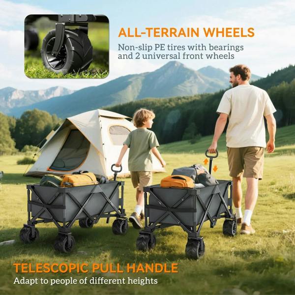 Dark grey pull-along cargo wagon trailer with large all-terrain wheels and extended handle