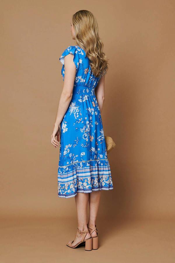 Blue | Floral Cap Sleeved Shirred Midi Dress
