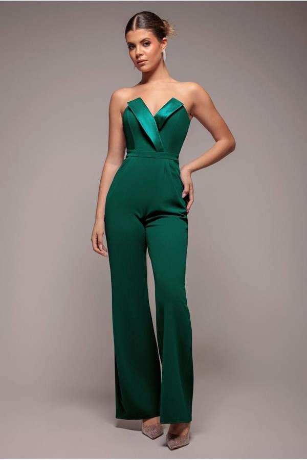 Satin Collar Scuba Jumpsuit - Emerald Green TR299