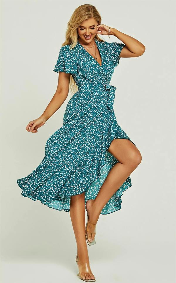 FS Collection Angel Sleeve Wrap Midi Dress In Green Floral Print