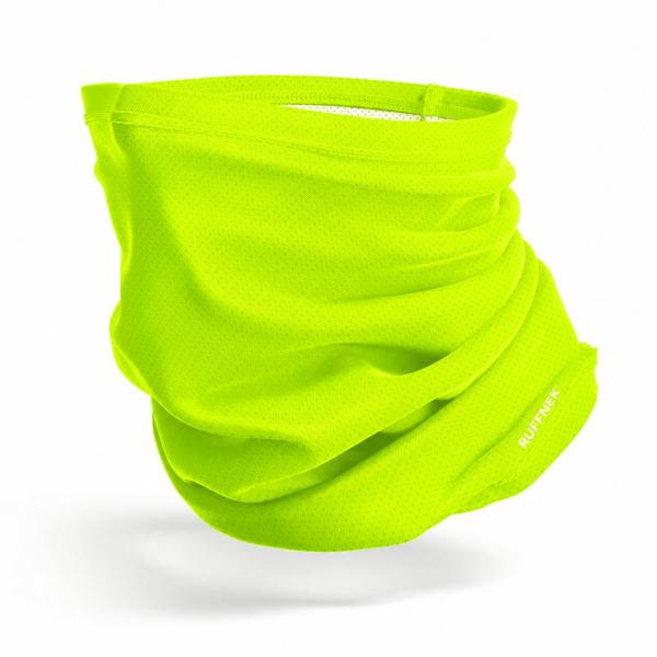 RUFFNEK® AirMesh Fluorescent Yellow Snood shown as a 3d face mask cover – breathable, moisture-wicking multifunctional neck gaiter scarf with UPF 50+ protection. For sport and outdoor activities including workwear.