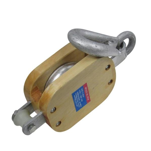 Single Pulley Block With Swivel Hook 8" (2.1 Ton Wooden Snatch Double Treble Eye Shackle)