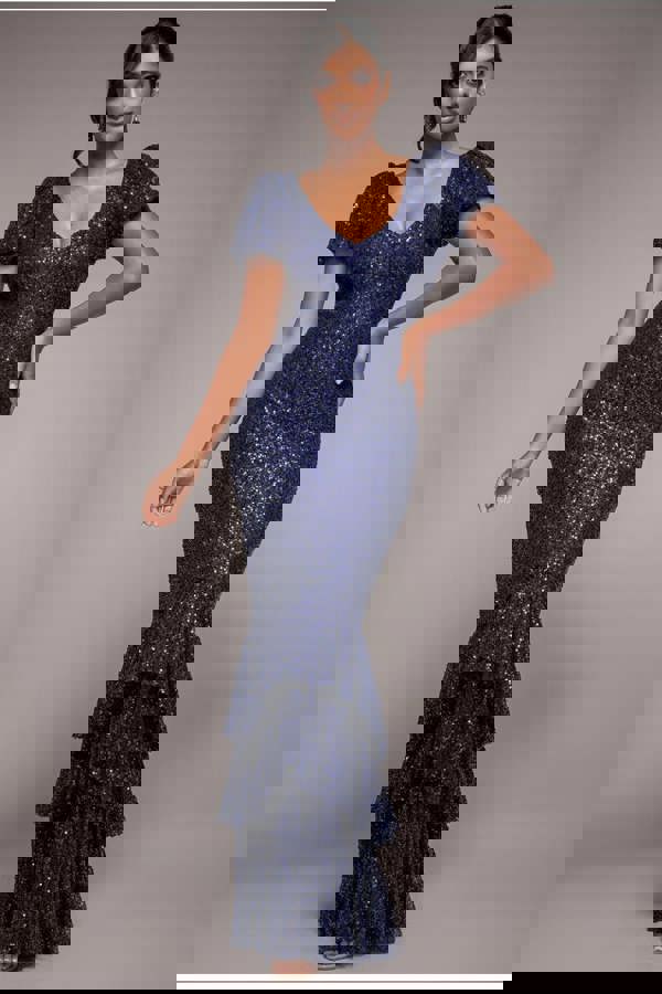 Puff Sleeve Tiered Hem Maxi Dress - Navy DR4022