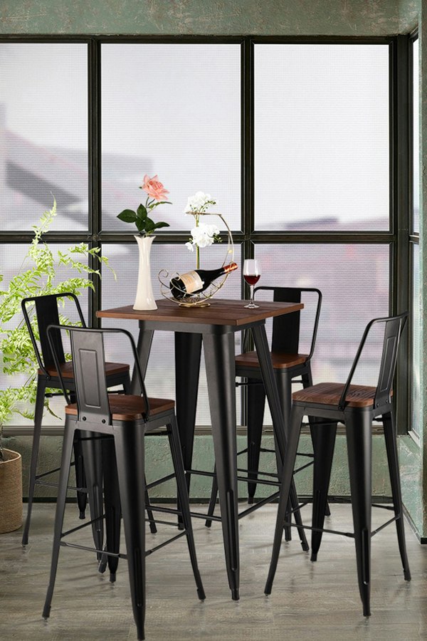 Living and Home 5pcs Metal 4-Seater Industrial Dining Table Tall Breakfast Square Bar Table with Kitchen Chair Stools