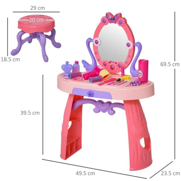 HOMCOM Kids Pretend Play Plastic Vanity Table Set Pink/Purple