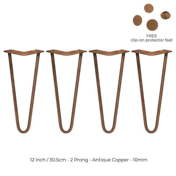 SkiSki 4 x 12" Hairpin Legs - 2 Prong - 10mm - Antique Copper