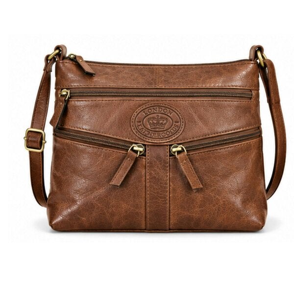 London Leathergoods Leather Multi Pocket Crossbody Bag with 3 Front Zips - Tan