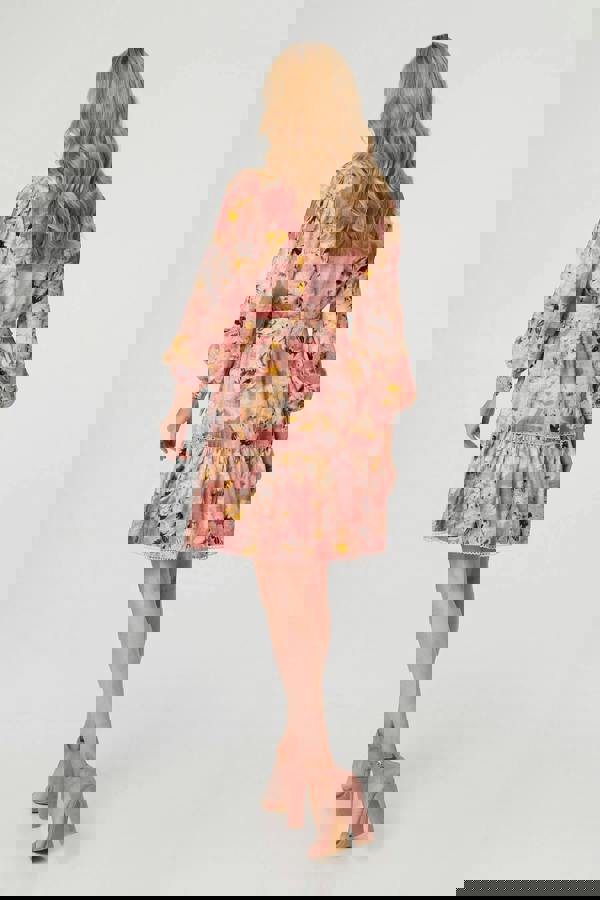 Red | Floral Long Sleeve Short Shirt Dress