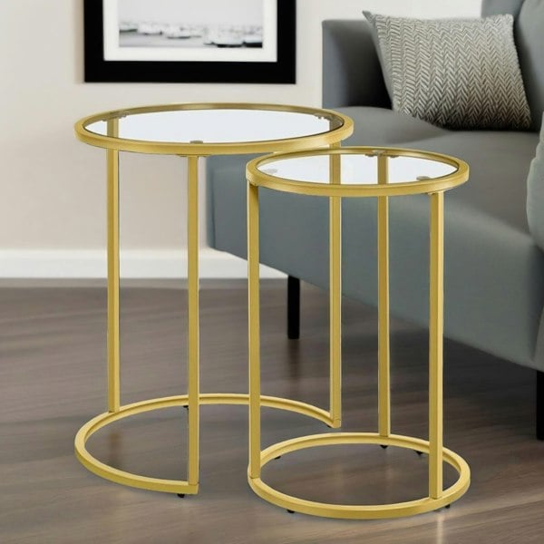 Rafaelo Mobilia Set Of 2 Round Gold Nesting Tables With Tempered Glass