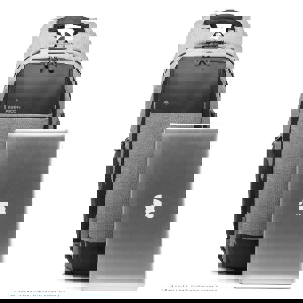 Gray backpack with a laptop next to it on a white background best travel laptop backpack multi-functional