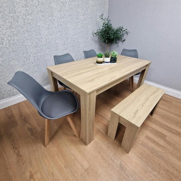Kosy Koala Oak Effect Dining Table Set With 4 Grey Plastic Chairs And Bench Dining Room Furniture