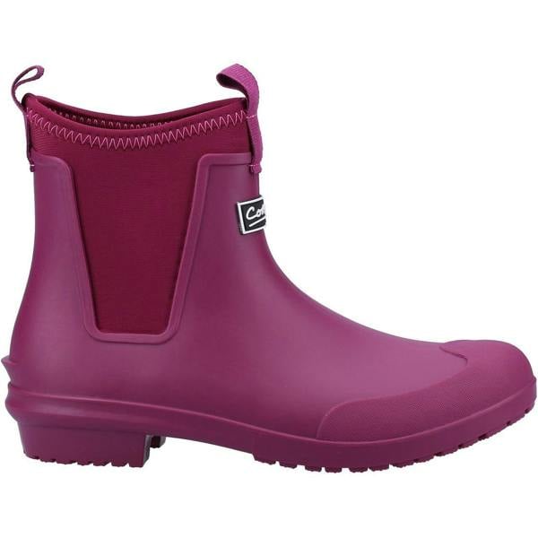Cotswold Grosvenor Womens Pull On Ankle Wellie Wellington, vibrant pink waterproof ankle boot with elastic side panels and pull-on loop for easy wearing.