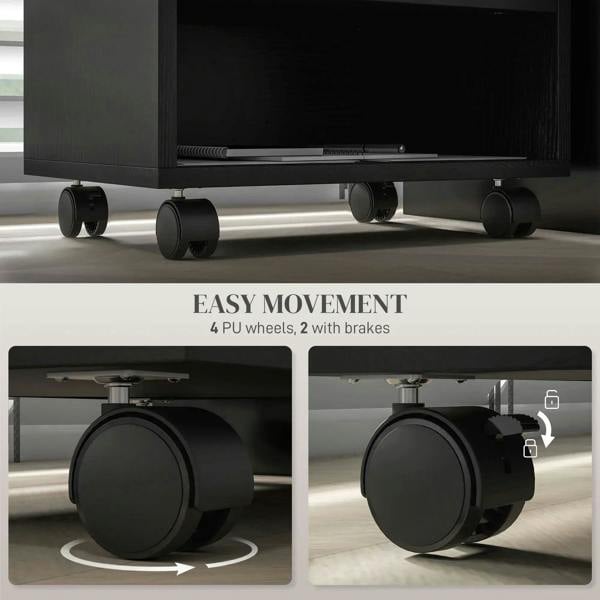 Black printer cabinet base with four smooth caster wheels and 2 with brakes