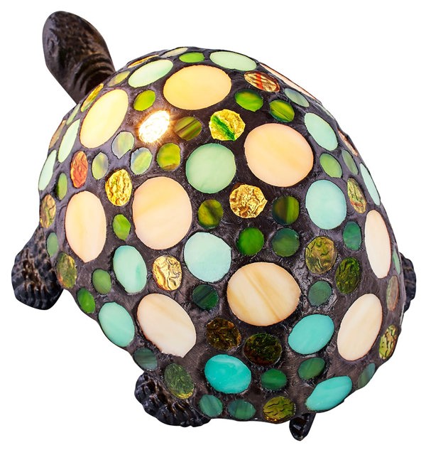 Handmade Green and Amber Pebble Glass Tortoise Tiffany Lamp with Bronze Base Image 2