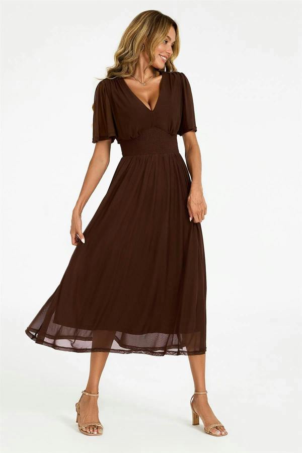 FS Collection Flutter Sleeve Mesh Midi Dress In Brown
