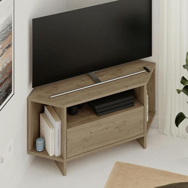 Decortie Modern Viva Corner TV Unit Shelf up to 36 Inch TVs Push to Open Storage Cabinet, 3 Open Shelf Media Centre 95.7(W)cm