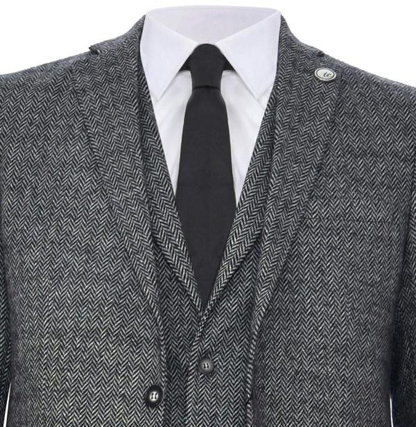 TruClothing Men's 3 Piece Grey Herringbone Tweed Suit