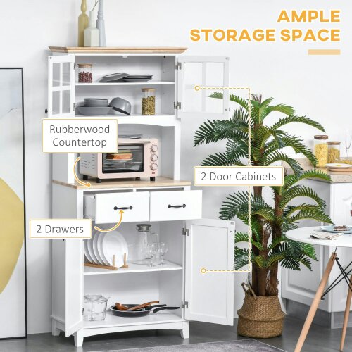 Wyld Haus Fidipa Wooden White Kitchen Storage Cupboard With Glass Doors And Microwave Shelf 172 cm