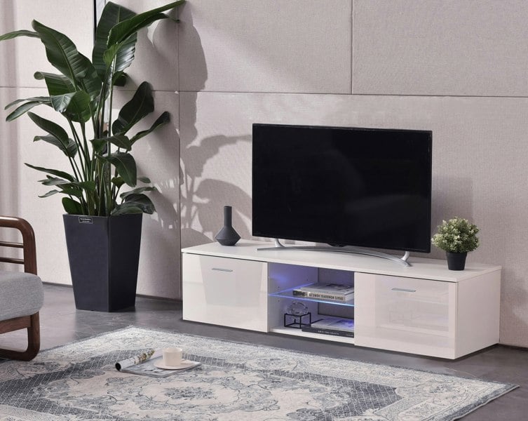 MDA Designs Auriga White Modern TV Cabinet for Flat TV Screens of up to 65" Entertainment Unit with Shelves and Built-in Blue LED Lights