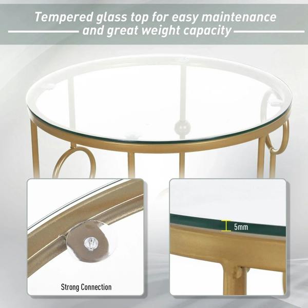 Gold-tone round coffee table with clear glass top and openwork metal frame