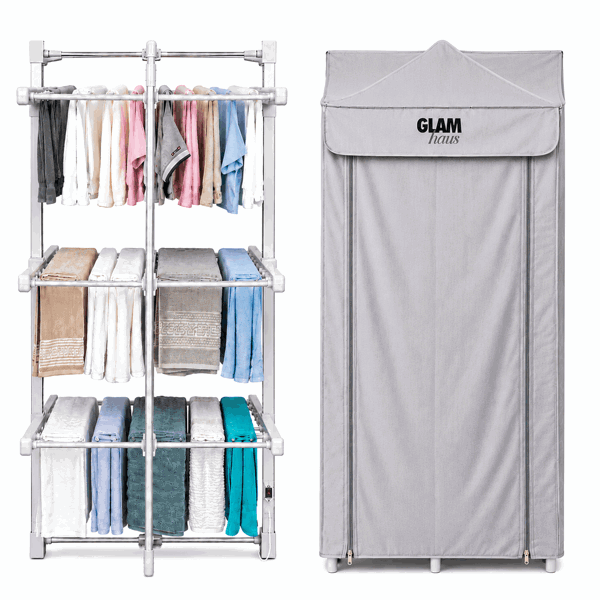 GlamHaus Heated Clothes Airer Dryer Rack Aluminium with Cover Electric 220W - Indoor - Folds Flat for Easy Storage