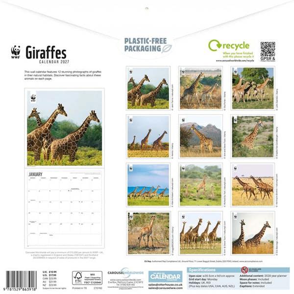WWF, Giraffes Calendar 2027, Wall Calendars, Month To View, Animals, Gift
