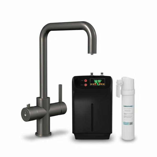Gun metal grey kitchen boiling water tap on a white background with boiler and carbon filter
