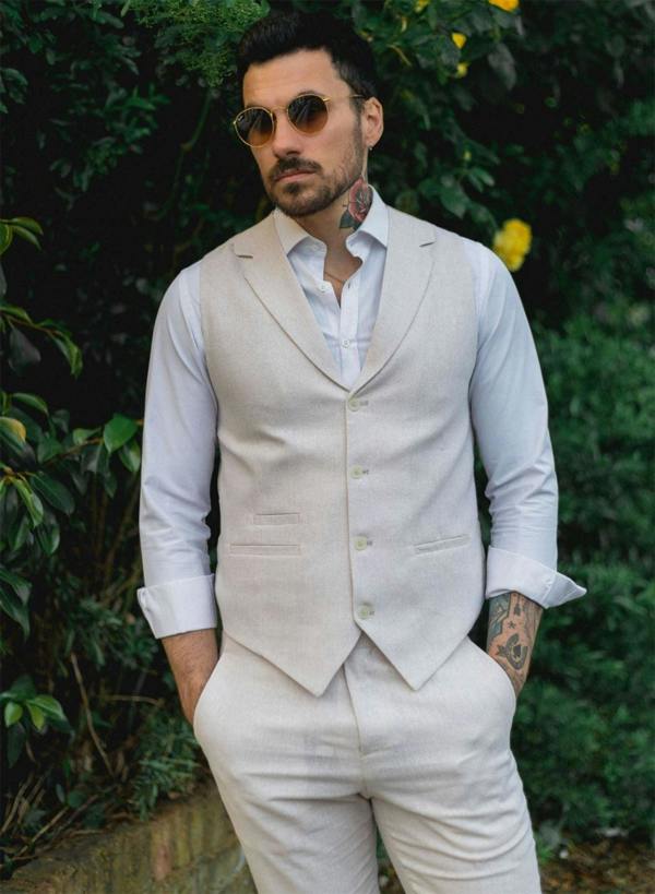 Infinity Leather Men's Summer 2 Piece Suit Linen Formal Cream Beige Waistcoat Trousers