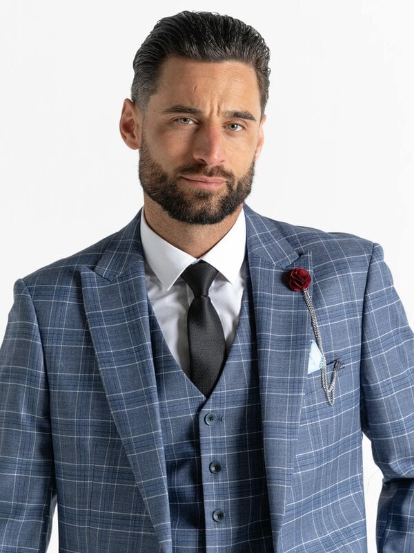 V2 Classic Kensignton Three Piece Suit - Light Blue with White and Blue Checks