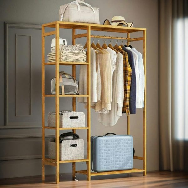 Rafaelo Mobilia Natural Wooden Bamboo Clothes Rail With 5 Shelves Open Wardrobe Garment Rail Garment Rack