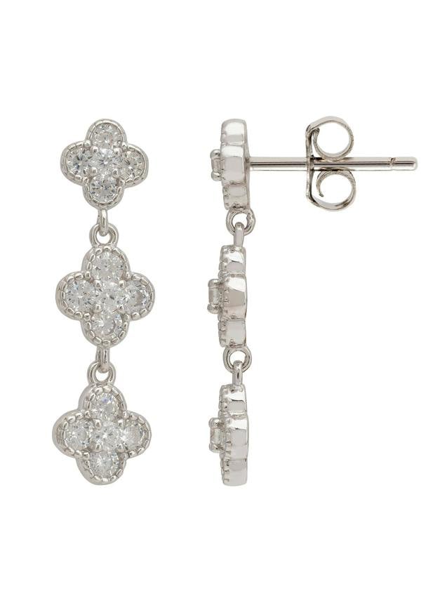 Silver earrings with clover-shaped designs on a white background