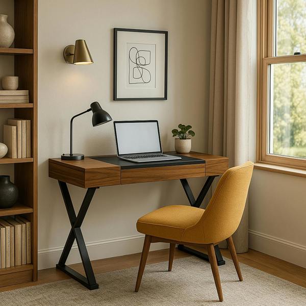 Homeology ADONIS Walnut with Matte Black Legs Ergonomic Home Office Luxury Desk