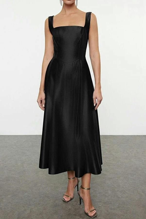 Square Neck Thick Strap A-Line Satin Maxi Dress