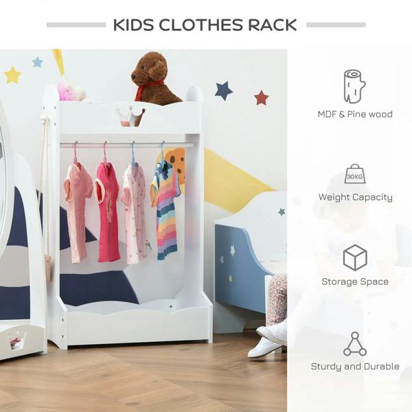 White kids clothing rack with hanging rail and bottom shelf, crown-shaped top, for garments