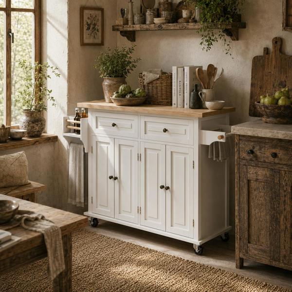 Wyld Haus Vivali Rubberwood And Wooden Cream White Rolling Kitchen Island With Drawers And Storage