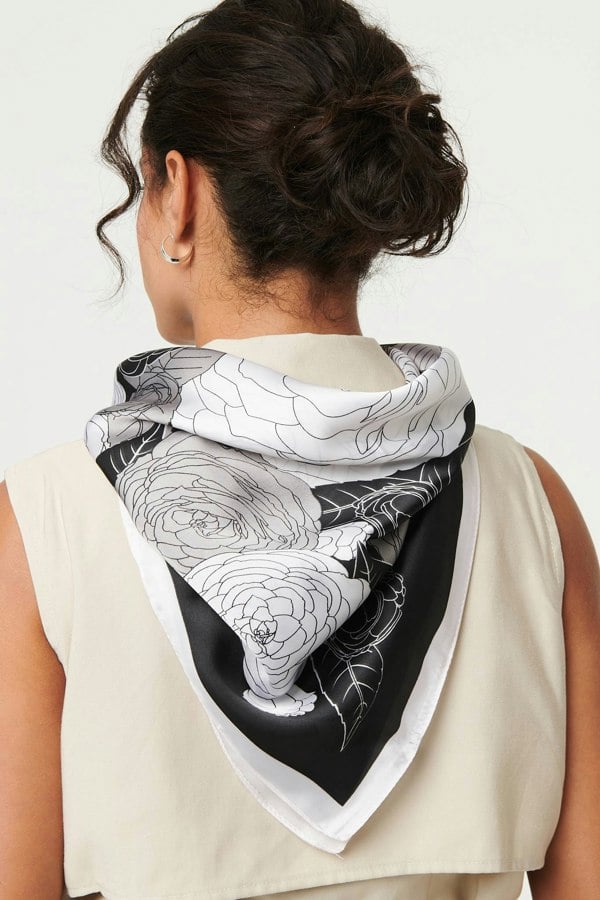 Black | Floral Border Print Satin Square Scarf
