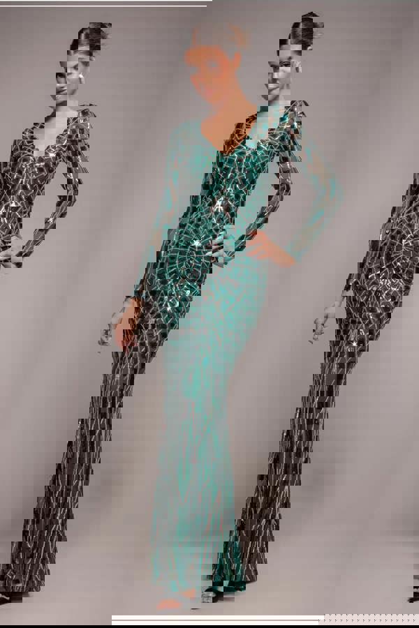 Geo Sequin Long Sleeve Maxi Dress - Emerald DR3495